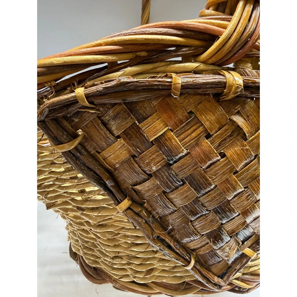 Vintage Wicker Boat Basket Woven Wood Handle Diamond Side Panels Brown Tan